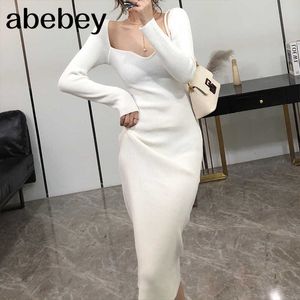 2021 vestidos para mulheres sexy strapless com nervuras malha bodycon vestido mulheres inverno manga longa midi camisola vestido roupas y1006