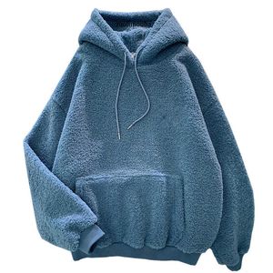 Nowa Jesień Zima Gruba Ciepła Płaszcz Aksamitna Kaszmirowa Kobiety Bluza Bluza Solid Blue Pullover Casual Topy Los Loose Długi Rękaw X0721