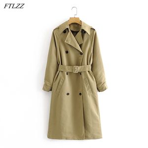 Höst Kvinnor Loose Khaki Long Trench Coat Casual Kvinna Slå ner Collar Double Breasted Windbreaker Outwear med Belt 210430