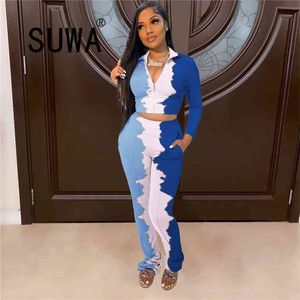 Tie Dye Two Piece Wholesale Clothes For Women Sets Long Sleeve Zip Coats Jacket High Waist Sports Pants Office Wear Streetwear 210525