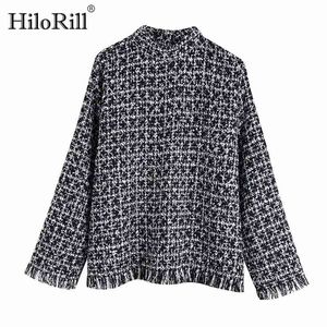 Höst Vinter Houndstooth Women Hoodies Casual Stand Neck Top Fashion Chic Plaid Tassels Sweatshirt Loose Pullovers Tops 210508