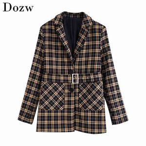 Vintage Kobiety Plaid Blazers Garnitur Sashes Kieszenie Pojedyncze Piersi Płaszcz Lady Żółty Kolor Moda Chic Kobieta Kurtka Chaqueta Mujer 210515