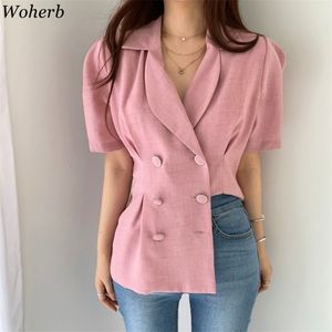 여름 한국인 인과 여성 블레이저 짧은 소매 더블 브레스트 코트 패션 카디건 자켓 세련된 outwear 210519