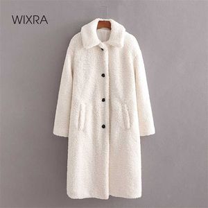 Wixra Womens White Coat Ladies Singled Breasted Long Outwear Jacket Pockets Solid Lamb Wool Overcoat Winter Spring 211018