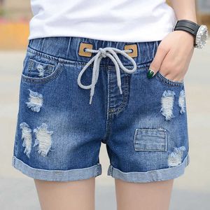 Fashion Spring and Summer Casual Mid-waist Women Denim Elastic Waist Jeans Flanging Female Shorts 210611