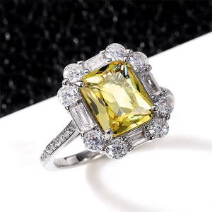 2021 Top Sell Cocktail Luxury Jewelry 925 Sterling Silver Princess Cut Yellow Topaz CZ Diamond Party Promise Women Wedding Engagement Band Ring For Lover Gift