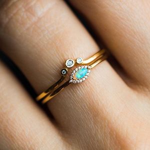 US Rozmiar z Sztuk Pierścionek zaręczynowy Ślub Zestaw Złoty Kolor Cute Lovely Opal Stone Eye CZ cienkie małe pierścienie