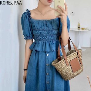 Korejpaa Women Dress Sets Summer Korean Chic Elegant Pleated Waist Bubble Sleeve Top and Single Breasted Denim Skirt Suit 210526