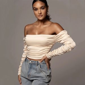 spring and summer open back T-shirt women's sexy pleated long sleeve high elastic satin top women's wear 210602
