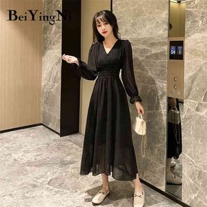 Elegant Chiffon Boho Women Dress Vネックカジュアルスリムレトロvestidos de fiesta特大のMidi Dresses Ladies Robe Femme 210506