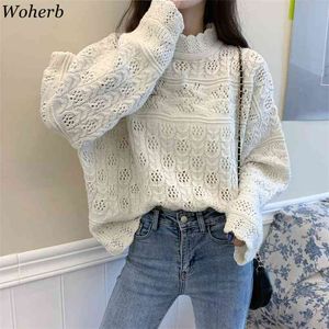 Woherb Vintage Sweter Pół Turtleneck Loose Hollow Out Swetry Kobiety Ubrania Dzianiny Sueter Mujer Jumper 4E995 210922