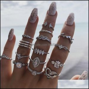 Band Ringar Smycken 15 st / set Vintage Bohemian Geometric Wave Knuckle Set för Women Retro Sier Finger Bröllop YC Drop Leverans 2021 A5CM6