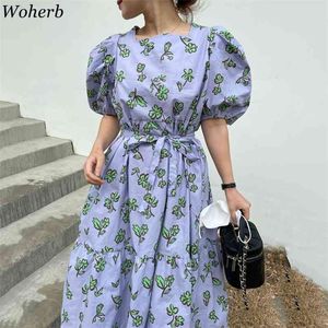 Summer Robe O-Neck Puff Manica corta Vita sottile Abiti con lacci Coreano Chic Stampa elegante Abito grande per le donne 210519