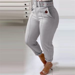 High Waist Pants For Women Grey Trouser With Belt Pocket Pant Korean Fashion Women's Cothing 2021 Casual Y2K Trousers For Woman Q0801