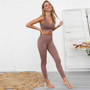 2 SZTUK Damskie Seamless Yogi Zestaw Sports Sports Bra + Legginsy Fitness Spodnie Gym Running Garnitur Odzież Odzież Athletic 210802