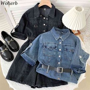 Jumpsuit Mulheres recolhem a coleira de manga curta denim romper verão cintura alta quadril bodysuit moda calças de perna larga com cinto 210519