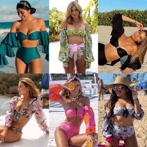 Långärmad bikini 2021 Print Baddräkt Högt midja Badkläder Kvinnor Sexiga Bikinis Mesh Ärmar Swim Suit Plus Size Bathing Suitx0523