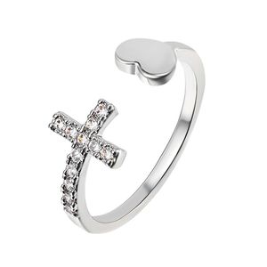 Silver Cross Heart Rings Channel Setting Rhinestone Irregular Adjustable Love Shaped Opening Rings Costume Jewelry for Women
