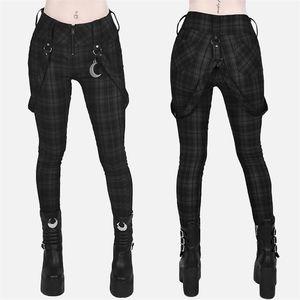 Calças xadrez mulheres gótico punk calça alta cintura apertado multi bolso zíper y2k longa fundos streetwear woemn lápis calças 211019