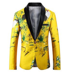 Svart gul blazer män slim passform blommig broderi jacka sjal krage casual suit mens prom