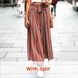 Split Striped Lady Wide Leg Kvinnor Sommarstrand Hög midja Byxor Chic Streetwear Sash Casual Byxor Capris Kvinna 210414