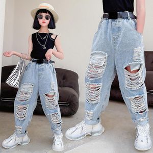 Hosen Koreanische Blue Jeans Hosen Baby Mädchen Kleinkind Kinder Kleidung Denim Böden Harem Zerrissene Löcher Distressed Capris 4 bis 16 Jahre