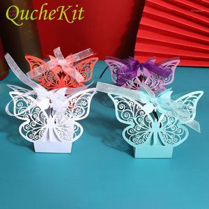 Gift Wrap 50pcs Laser Cut Butterfly Hollow Lace Candy Box Wedding Favors Sweet Boxes With Ribbon Baby Shower Christmas Party Supplies