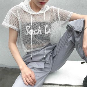 Swxy Clubwear Party 210527 Damen Hollow Mesh Net Kapuzen-T-Shirt Kurzarm T-Shirt Tops Transparent Schwarz