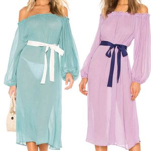 Sexy Cold Shoulder Sheer Chiffon Tunic Beach Dress For Woman Summer Beachwear Swimsuit Cover Up Sarong Robe De plage #Q742 210420