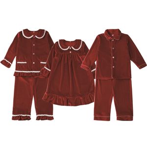 Xmas pjs röd sammet knäppas upp jul pyjamas barn sovkläder matchande pj tjejer pijama set 211109