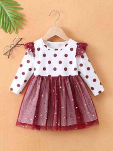 Baby Polka Dot Contrast Star Mesh Ruffle Trim Dress SHE