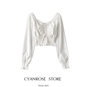 Vintage Court Style Square Collar Casual Short Blouse Shirt Women Solid Puff Sleeve Slim Ladies Tops Bandage Crop Tops White 210417