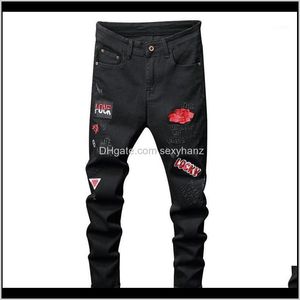 Kläder Apparel Drop Leverans 2021 Sokotoo Mens Röda Blomma Broder Broderi Svart Jeans Fahion Badge Stretch Denim Pants1 53pti