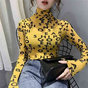 Spring Letter Print Tops T-shirt Vintage Women Turtleneck Long Sleeve Slim Stretchy Casual Tee Clothes T01408B 210421