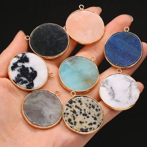 Flat Round Healing labradorite Semi-precious Stone Charms Turquoise Quartz Crystal Pendant DIY Necklace Women Fashion Jewelry Finding 30x35mm