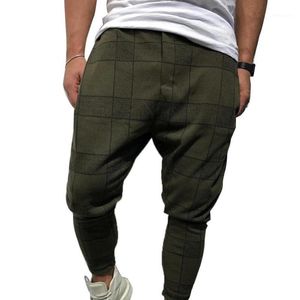 Herrbyxor 2021 Män Plaid Pocket Low Crotch Harem Trousers Loose Fit Hiphop Street Wear