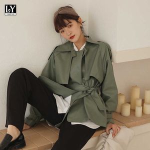 Ly Varey Lin Vår Höst Kvinnor Enkelhet Lös Läderjacka Med Bälte Casual Lapel PU Coat Office Lady 210526