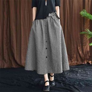 Arrival Spring Arts Style Women High Waist Slim Cotton Linen Plaid Long Skirt All-matched Casual Loose A-line S595 210512