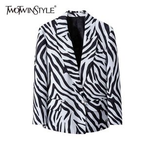 Twotwinstyle Zebra Drukuj Blazer Dla Kobiet Notched Z Długim Rękawem Hit Color Casual High Street Blazers Kobieta Moda Odzież 210517