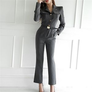 Outono Mulheres Moda Elegante Escritório OL Workwear Jumpsuits Casuais Cintura Alta Sólida Slim Romper com Cinto 210519