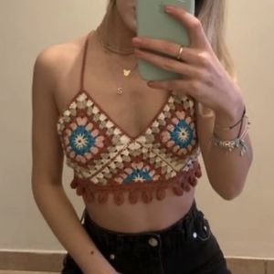 Harajuku Handmade Hollow Out Crochet Tassel Camis Women Summer Colored Plaid Fringed Knitted Tank Tops Retro Cool Girl Sexy 210429