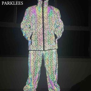 Erkek Yansıtıcı Ceket Renkli Çizgi Erkekler Spor Ceket Moda Aydınlık Erkekler Hoodie Ceketler Parlak Serin Hip Hop Erkekler Casual Suit Set 210524