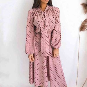 Höst Vintage Svart Retro Klänning För Kvinnor Bow Tie Collar Kvinnors Långärmad Polka Dot Dress Vestidos Kläder 210508