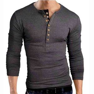 Grey TシャツTee Shirt Homme Double Vネックヘンリー長袖男性スリムフィットTシャツXXL 210813