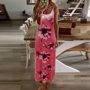 Casual Dresses Flower Print Dress Kvinnor Elegant Ärmlös Camisole Summer Beach Sundress Robe Longue Femme Maxi för