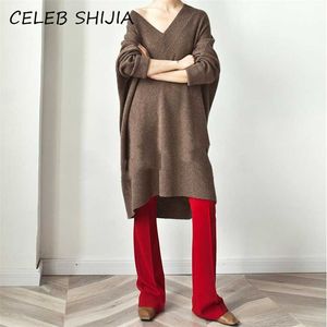 Shijia осень длинный свитер женский V-образным вырезом негабаритных свободных коричневых трикотажных джемпер женщина пуловеры Femme зимняя уличная одежда вершины 2111120