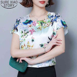 Mulheres elegantes Floral Imprimir Seda Plus Size Blusa Verão Coreano Loto Solto Manga Curta Collar Casual Senhoras Tops 9373 50 210417