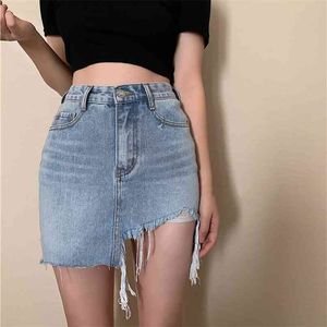 Sommarstrand sexig oregelbunden denim kjolar retro tvättad frayed kant hög midja smal blå jeans kjol plus storlek 210601