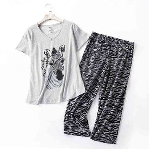 Plus Size Summer Casual Pyjamas Set Women Summer Short Sleeve Croped Trousers Mysiga sömnkläder Kvinnor Pyjamas 130 kg 220115