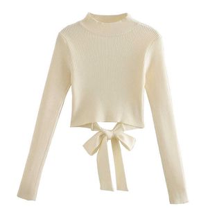 Streetwear Women Beige Stand Collar Shirts Fashion Ladies Bow Knitted Tops Sexy Female Chic Backless Blouses 210527